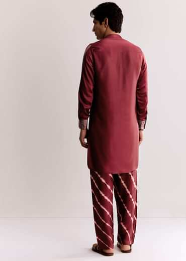 Red Silk Kurta Set With Ajrakh Print