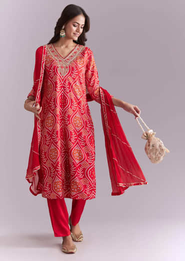 Red Silk Kurta Set With Bandhani Print And Embroidery