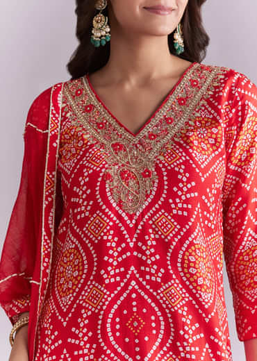 Red Silk Kurta Set With Bandhani Print And Embroidery