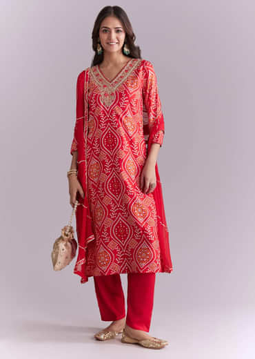 Red Silk Kurta Set With Bandhani Print And Embroidery