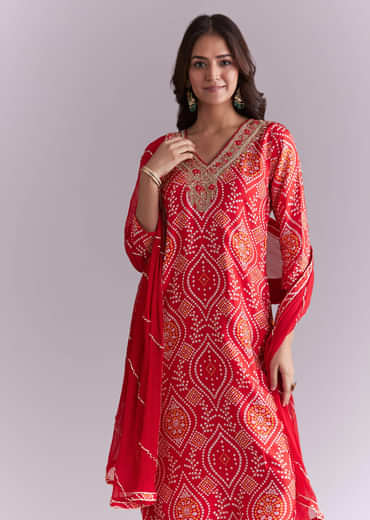 Red Silk Kurta Set With Bandhani Print And Embroidery