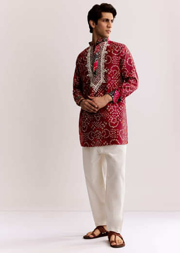 Red Silk Kurta Set With Bandhani Print