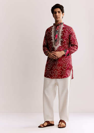 Red Silk Kurta Set With Bandhani Print