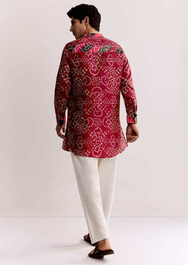 Red Silk Kurta Set With Bandhani Print