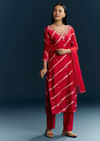Red Silk Kurta Set With Leheriya Print And Embroidery