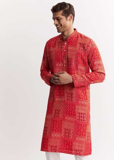 Red Silk Kurta Set With Mandarin Collar