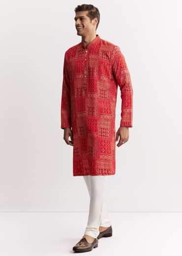 Red Silk Kurta Set With Mandarin Collar