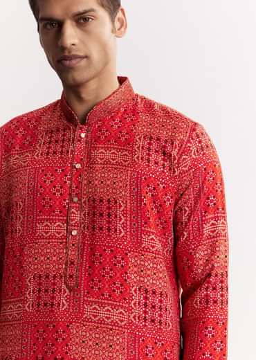 Red Silk Kurta Set With Mandarin Collar