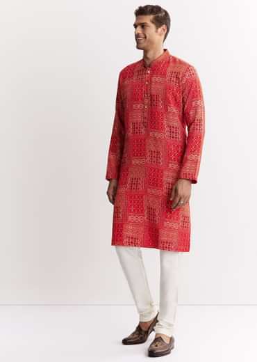 Red Silk Kurta Set With Mandarin Collar