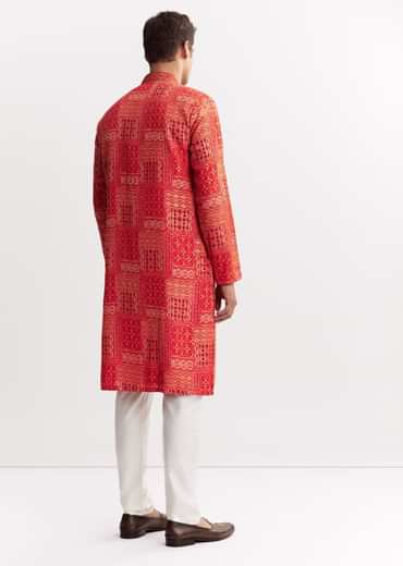 Red Silk Kurta Set With Mandarin Collar