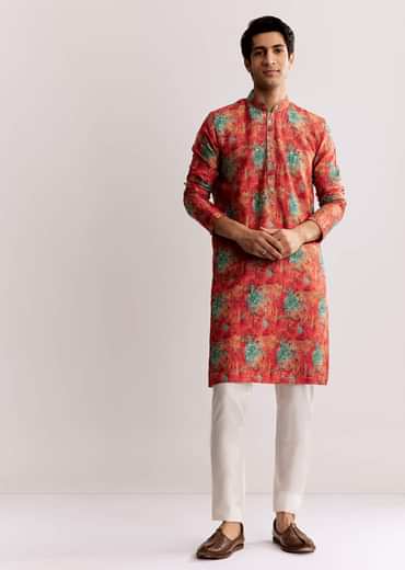 Red Silk Kurta Set With Sequins Embroidery