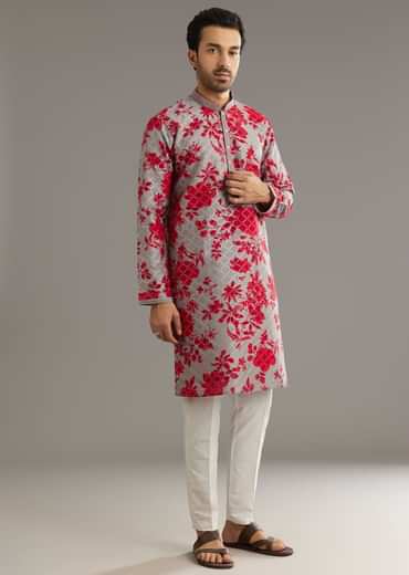 Red Silk Kurta Set With Stone Embellishment