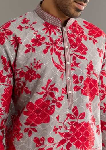 Red Silk Kurta Set With Stone Embellishment