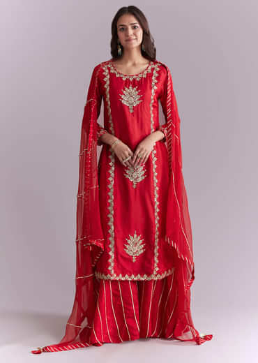 Red Silk Palazzo Suit With Gota Work