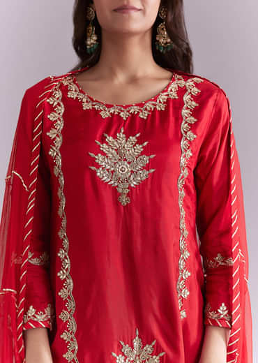 Red Silk Palazzo Suit With Gota Work