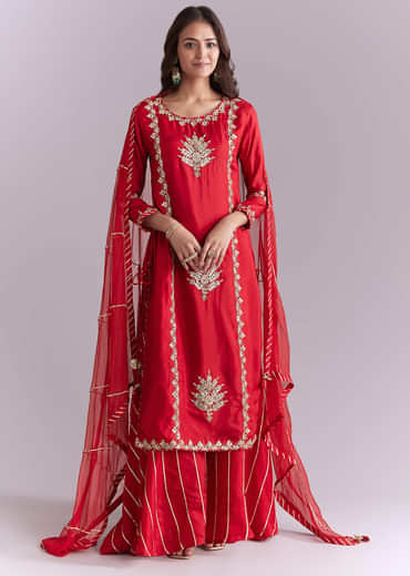 Red Silk Palazzo Suit With Gota Work