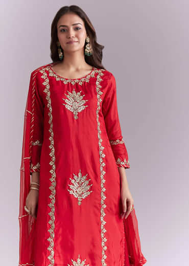 Red Silk Palazzo Suit With Gota Work