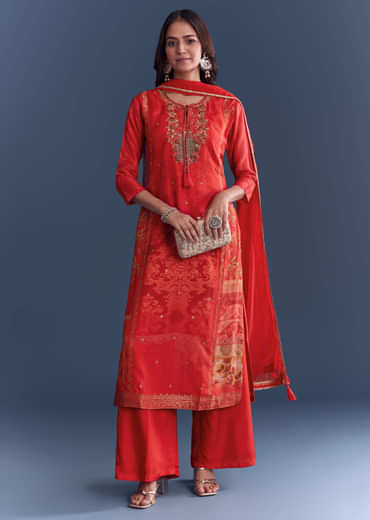 Red Silk Palazzo Suit With Indie Print And Hand Embroidery