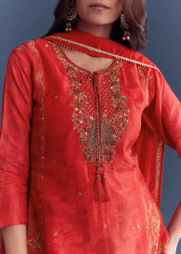 Red Silk Palazzo Suit With Indie Print And Hand Embroidery