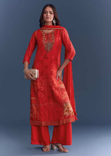 Red Silk Palazzo Suit With Indie Print And Hand Embroidery