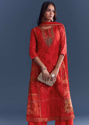 Red Silk Palazzo Suit With Indie Print And Hand Embroidery