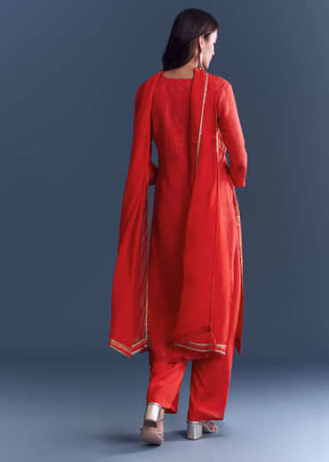 Red Silk Palazzo Suit With Indie Print And Hand Embroidery