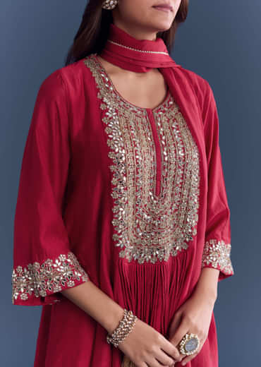Red Silk Patiala Suit With Mirror And Cutdana Embroidery