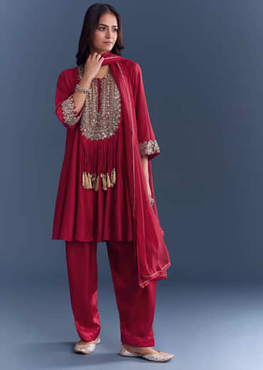 Red Silk Patiala Suit With Mirror And Cutdana Embroidery