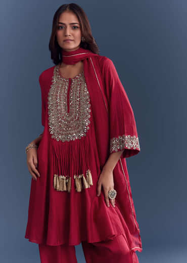 Red Silk Patiala Suit With Mirror And Cutdana Embroidery