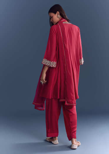 Red Silk Patiala Suit With Mirror And Cutdana Embroidery