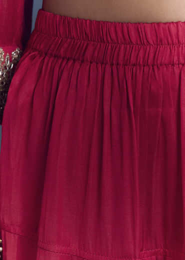 Red Silk Patiala Suit With Mirror And Cutdana Embroidery