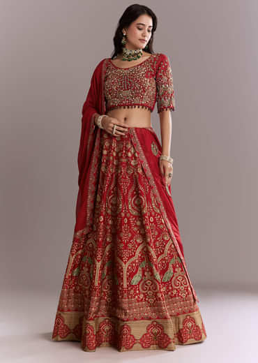 Red Silk Printed Bridesmaid Lehenga With Intricate Hand Embroidery