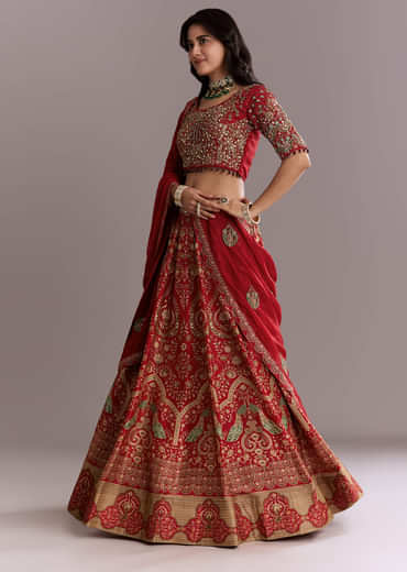Red Silk Printed Bridesmaid Lehenga With Intricate Hand Embroidery