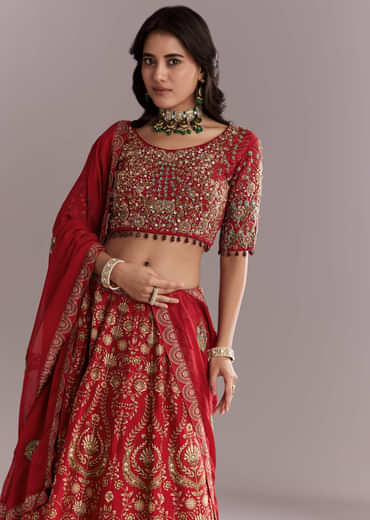 Red Silk Printed Bridesmaid Lehenga With Intricate Hand Embroidery