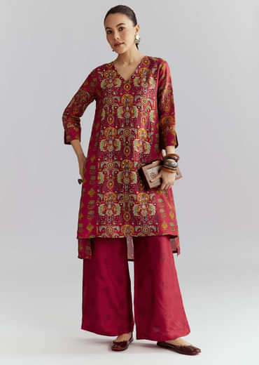 Red Silk Printed Co Ord Set With Heavy Embroidery