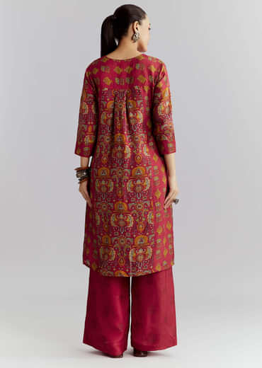 Red Silk Printed Co Ord Set With Heavy Embroidery