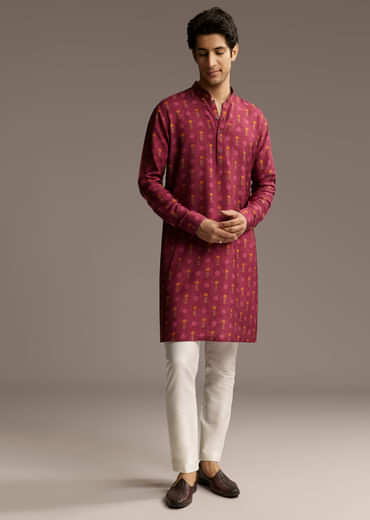 Red Silk Printed Designer Kurta For Men