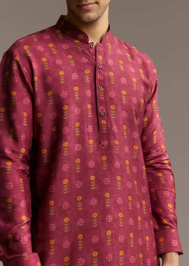 Red Silk Printed Designer Kurta For Men
