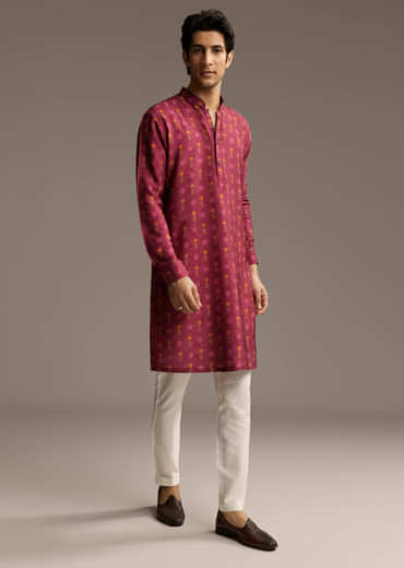Red Silk Printed Designer Kurta For Men