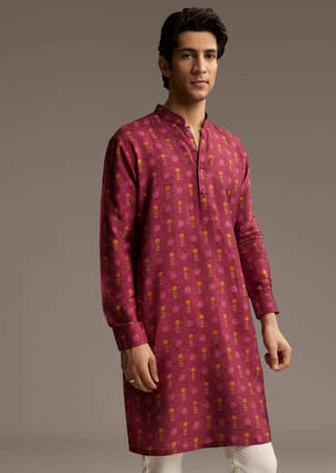 Red Silk Printed Designer Kurta For Men