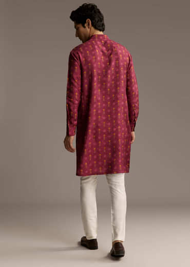 Red Silk Printed Designer Kurta For Men