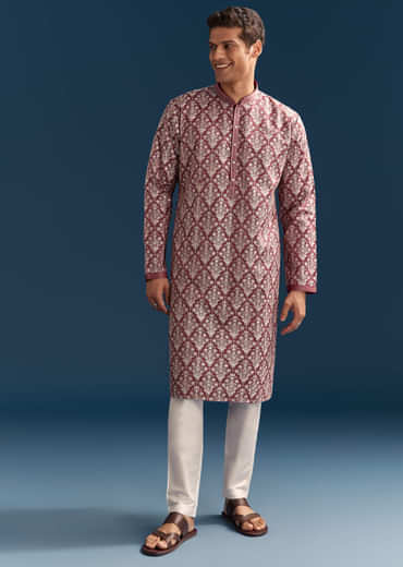 Red Silk Printed Kurta Set For Men With Thread Embroidery