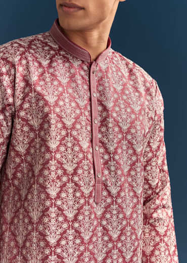Red Silk Printed Kurta Set For Men With Thread Embroidery