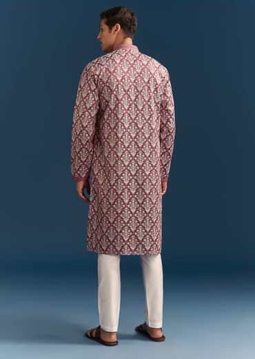 Red Silk Printed Kurta Set For Men With Thread Embroidery