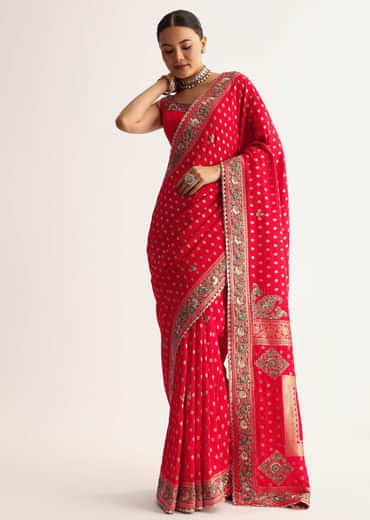 Red Silk Saree With Embroideed Border And Pallu