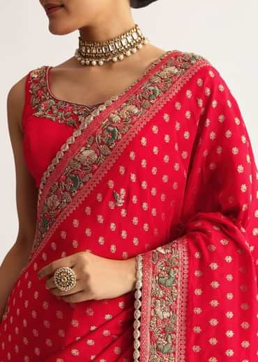 Red Silk Saree With Embroideed Border And Pallu