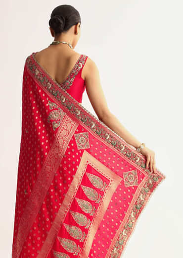Red Silk Saree With Embroideed Border And Pallu