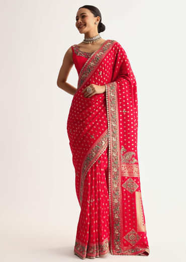 Red Silk Saree With Embroideed Border And Pallu