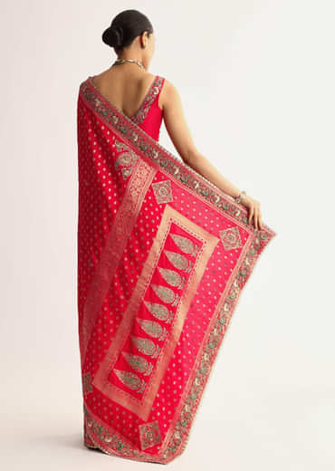 Red Silk Saree With Embroideed Border And Pallu