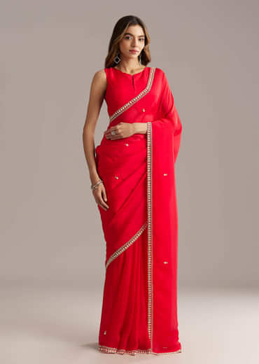 Red Silk Saree With Stone And Cutdana Embroidery